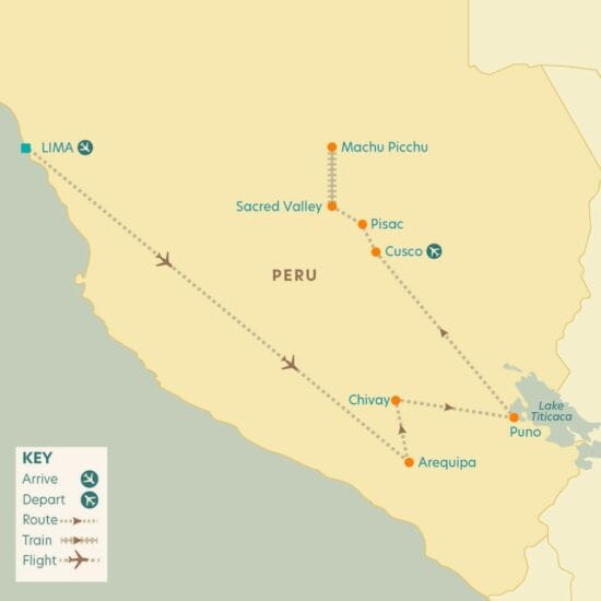 A detailed route map illustrating the 13-day Peru tour including key destinations such as Lima, Arequipa, Colca Canyon, Puno, Lake Titicaca, Cusco, Sacred Valley, Ollantaytambo, and Machu Picchu, with icons indicating modes of transport and overnight stays.