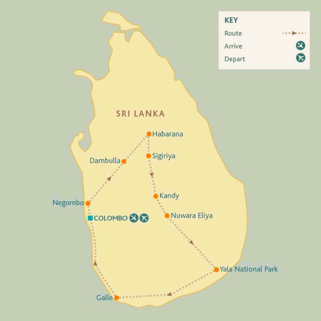 Map of 13-day Sri Lanka tour: Colombo, Negombo, Dambulla, Sigiriya/Habarana, Kandy, Nuwara Eliya, Yala National Park and Galle; arrival/departure marked.
