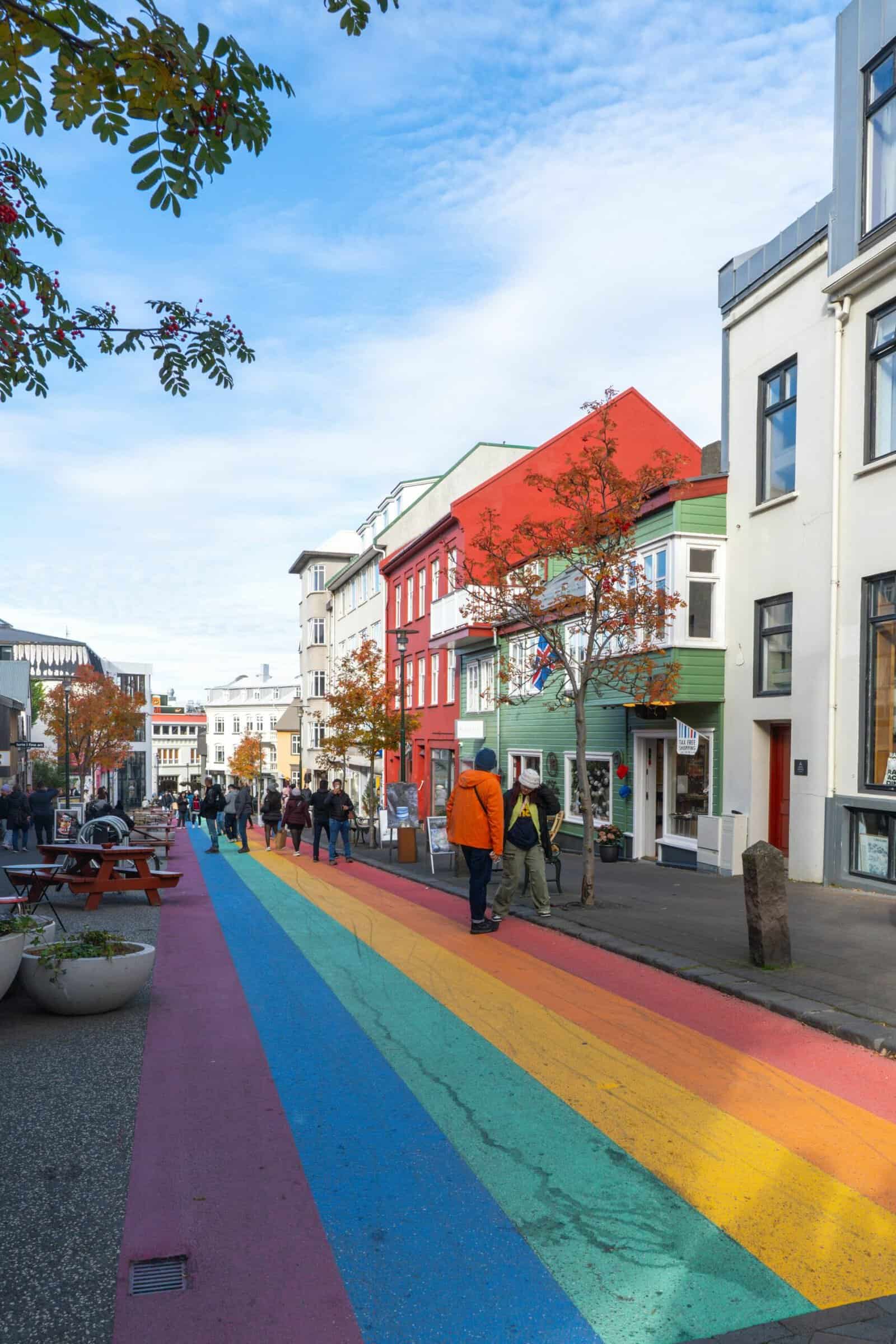 Reykjavik street scene with rainbow pathway — LGBTQ+ friendly Iceland