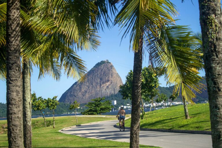 A cyclist in a park below Sugarloaf Mountain, Rio