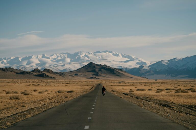 A road across the Mongolian highlands below snowy mountains