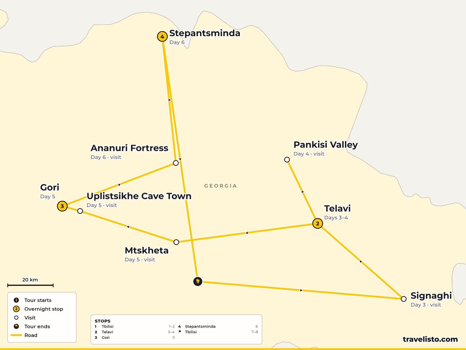 Map of the 8-day route from Tbilisi to Kakheti, Gori, Stepantsminda and back