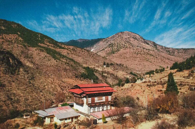A traditional house in a mountain valley in Bhutan