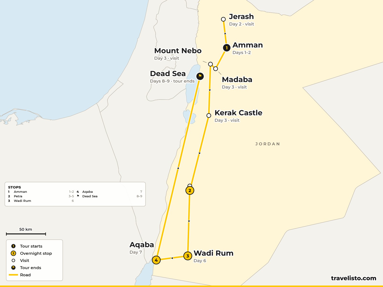 Map of the 9-day route from Amman to Jerash, Petra, Wadi Rum, Aqaba and the Dead Sea