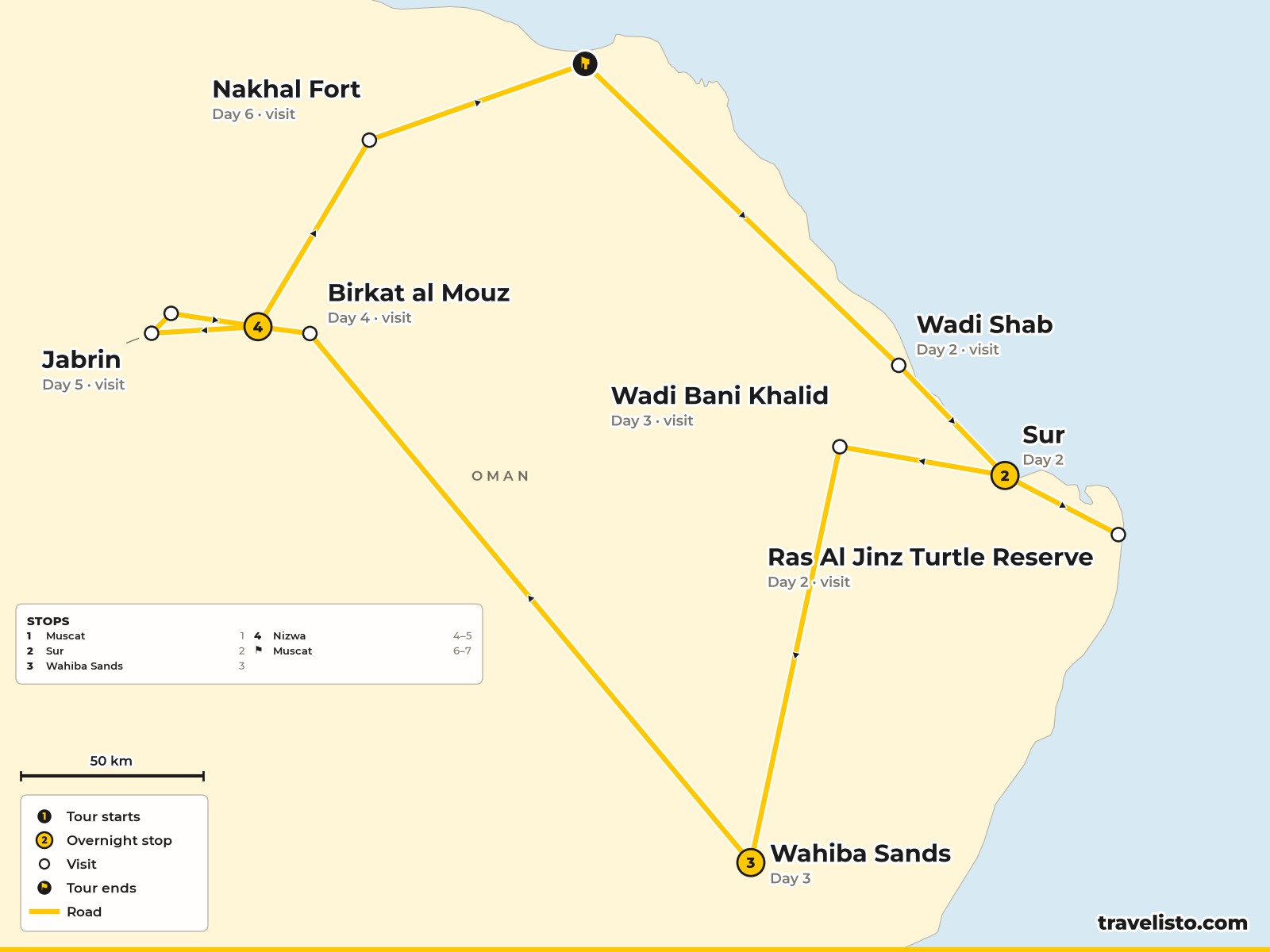 Map of the 7-day route from Muscat to Sur, Ras Al Jinz, the Wahiba Sands, Nizwa, Jebel Shams and back