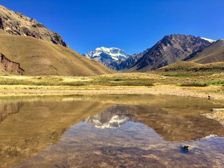 Aconcagua reflected in a lake in Mendoza