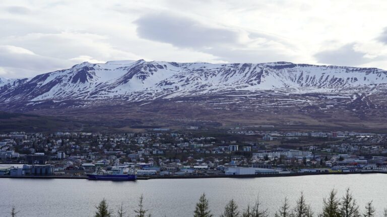 Akureyri beneath snow-capped mountains