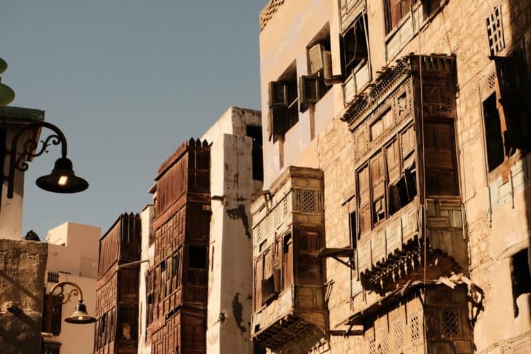 Traditional coral-stone houses with wooden balconies in Al-Balad, Jeddah