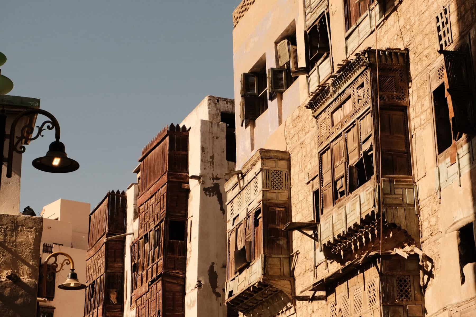 Traditional coral-stone houses with wooden balconies in Al-Balad, Jeddah