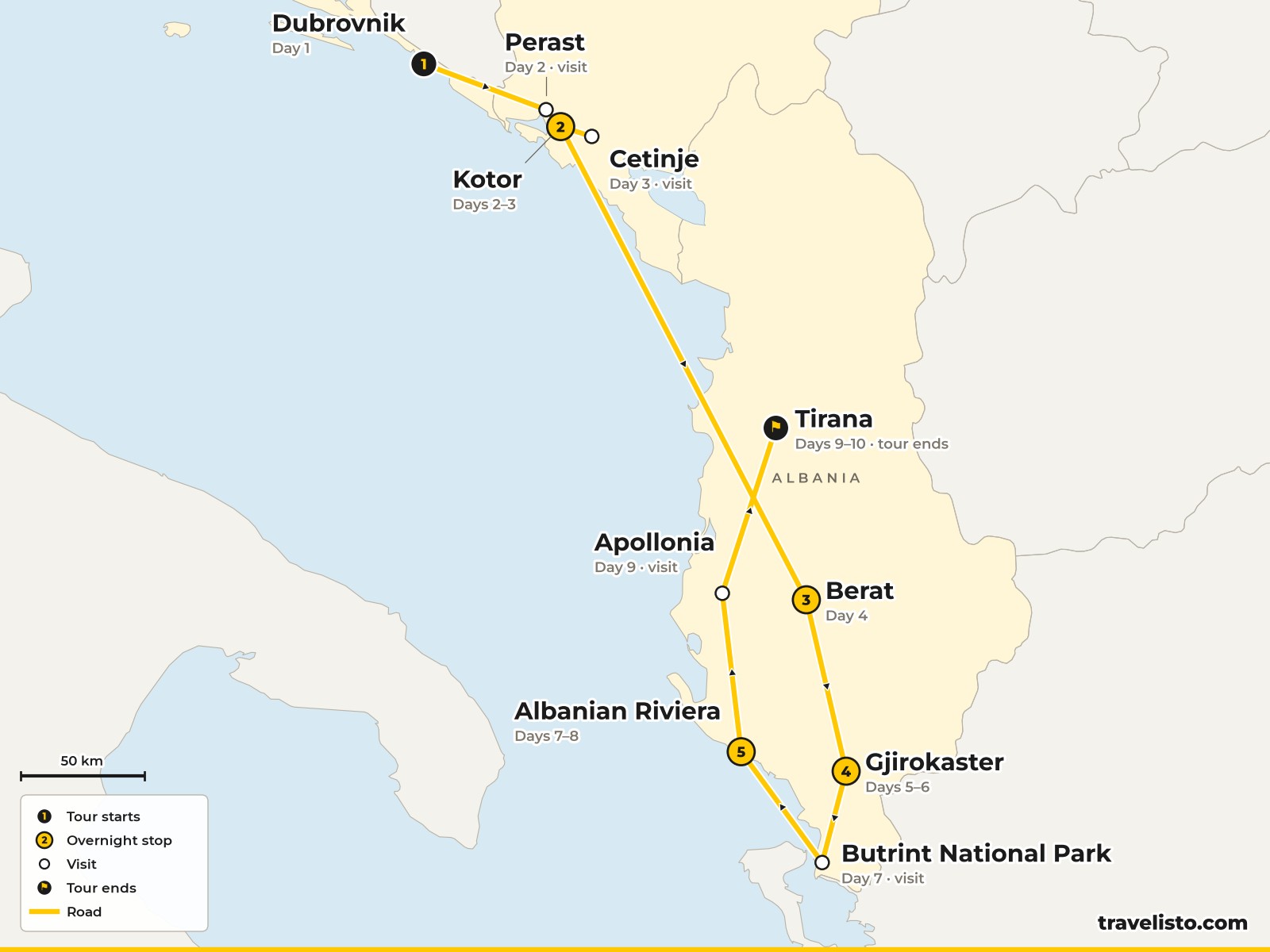 Map of the 10-day route from Dubrovnik to Kotor, Berat, Gjirokastra, the Riviera and Tirana