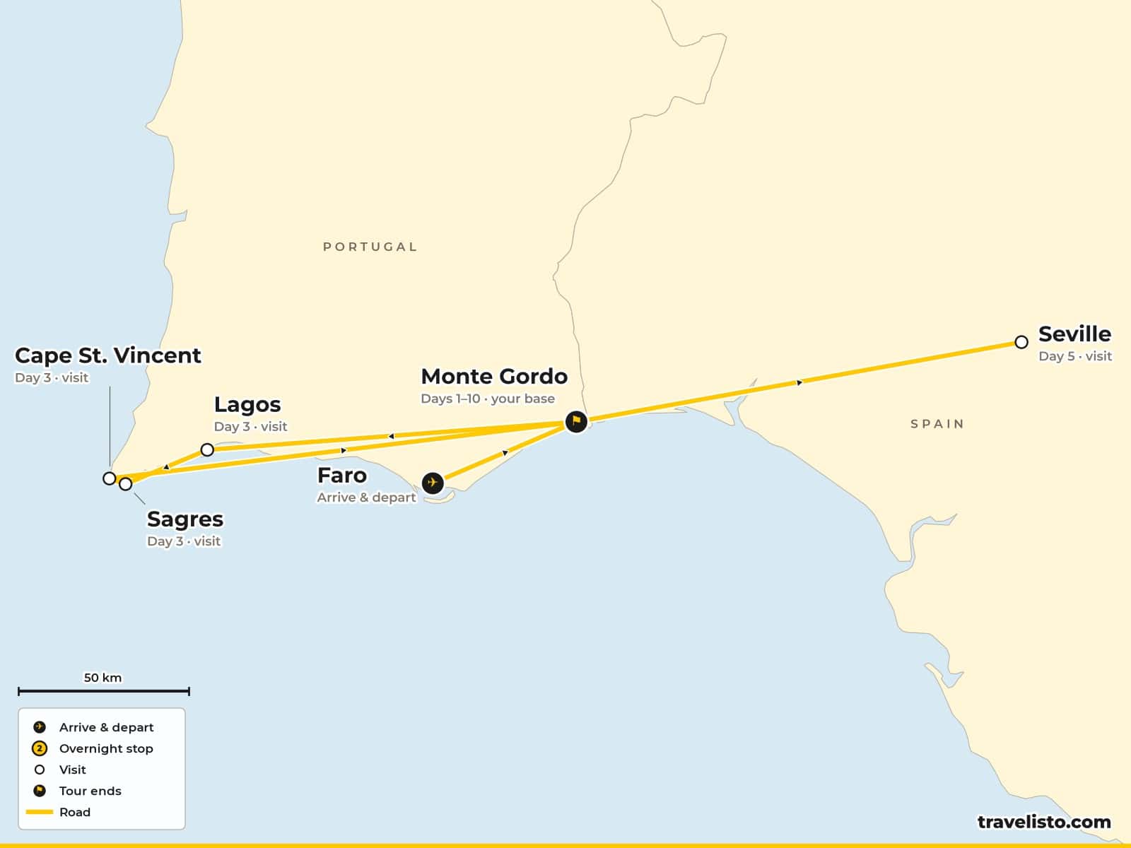 Map of the 11-day holiday based in Monte Gordo, with day trips to Lagos, Sagres, Cape St Vincent and Seville