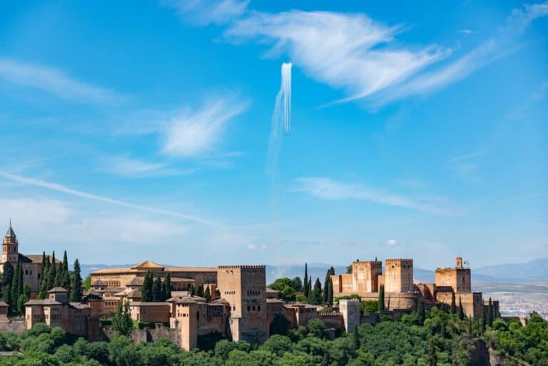 The Alhambra palace on its hill above Granada, Spain