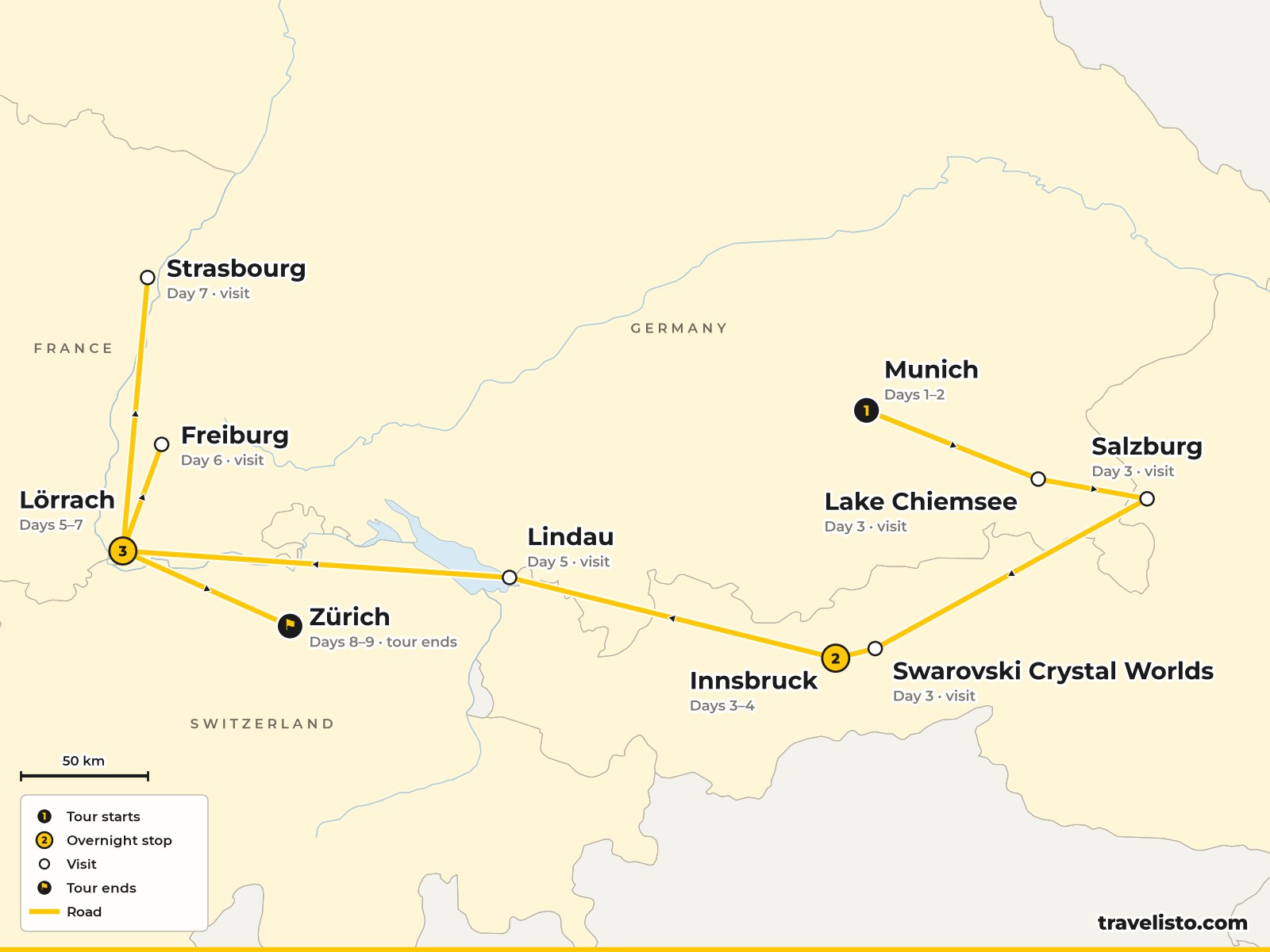 Map of the 9-day tour from Munich to Salzburg, Innsbruck, Lindau, Lörrach, Freiburg, Strasbourg and Zurich