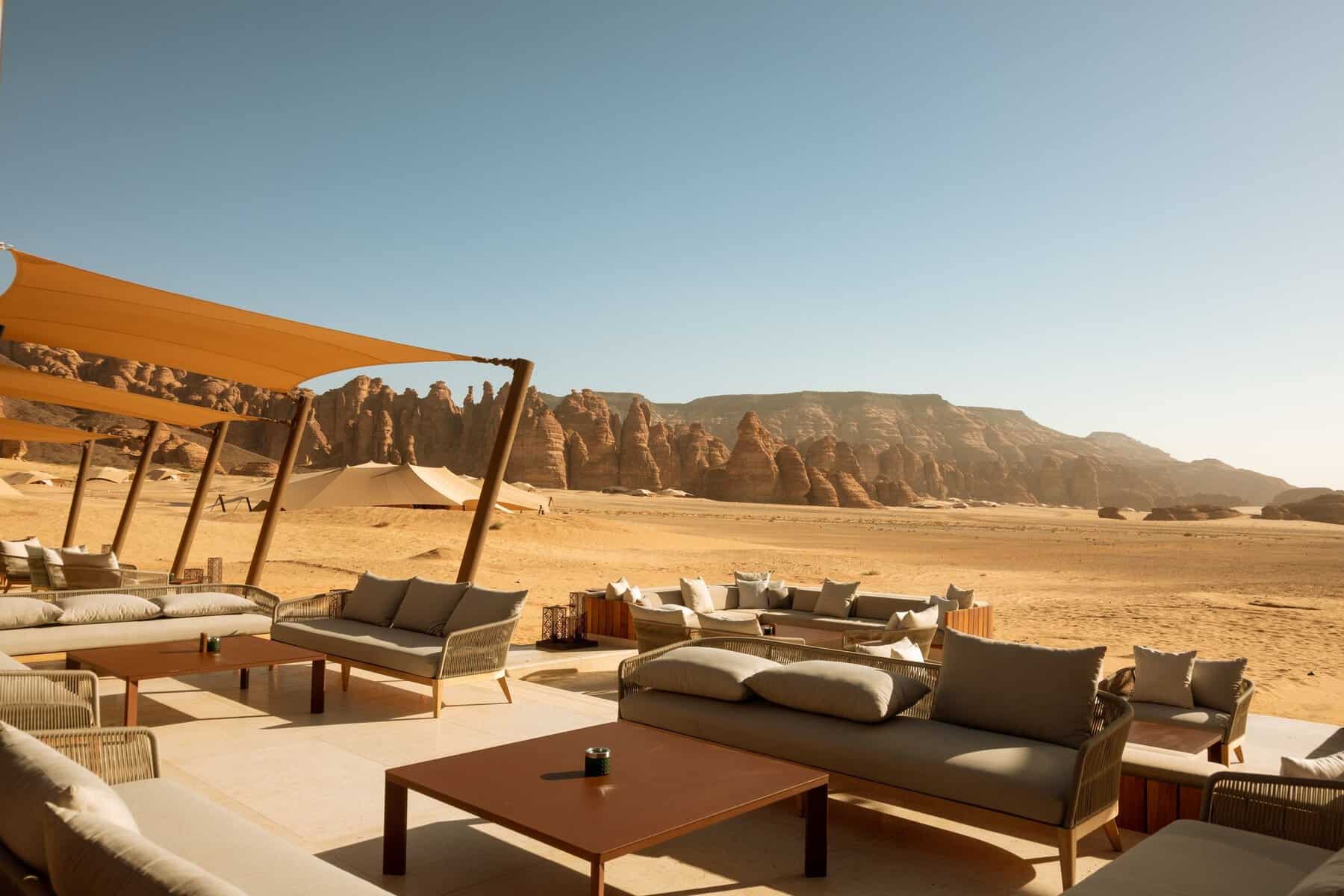 A glamping terrace looking out over the AlUla desert