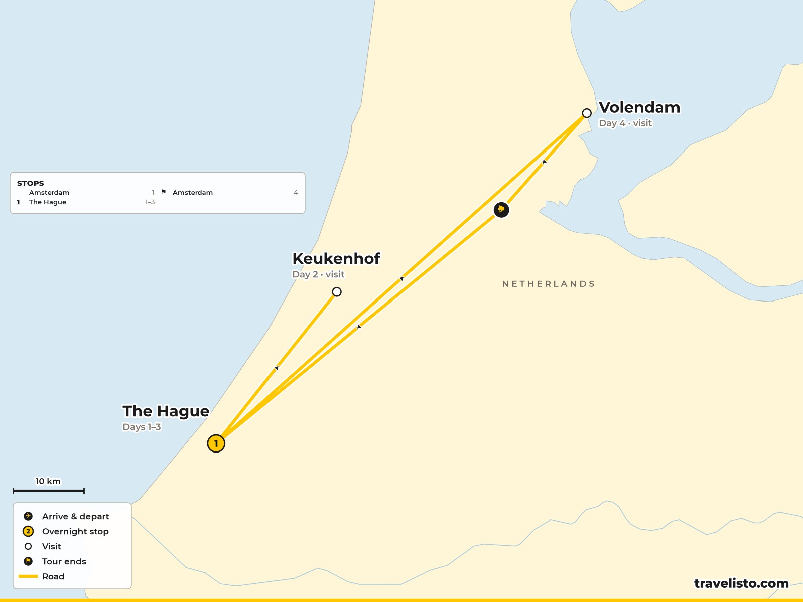 Map of the Netherlands showing Amsterdam, the Keukenhof, The Hague and the Zuiderzee