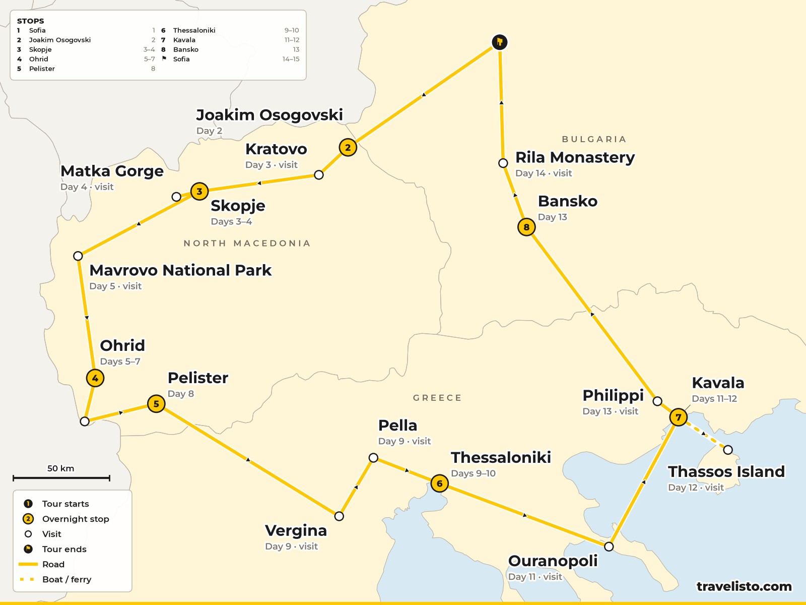 Map of the 15-day route from Sofia to Skopje, Ohrid, Thessaloniki, Kavala and back to Sofia