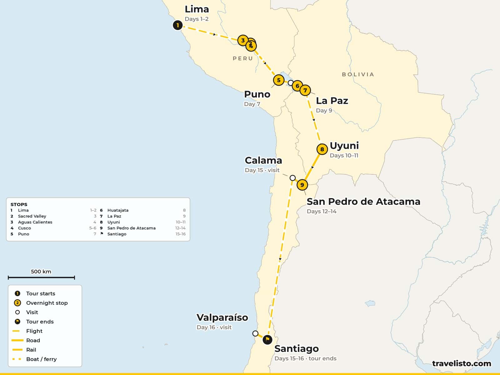 Map of the 18-day tour from Lima to Cusco, Machu Picchu, Lake Titicaca, La Paz, Uyuni, San Pedro de Atacama and Santiago