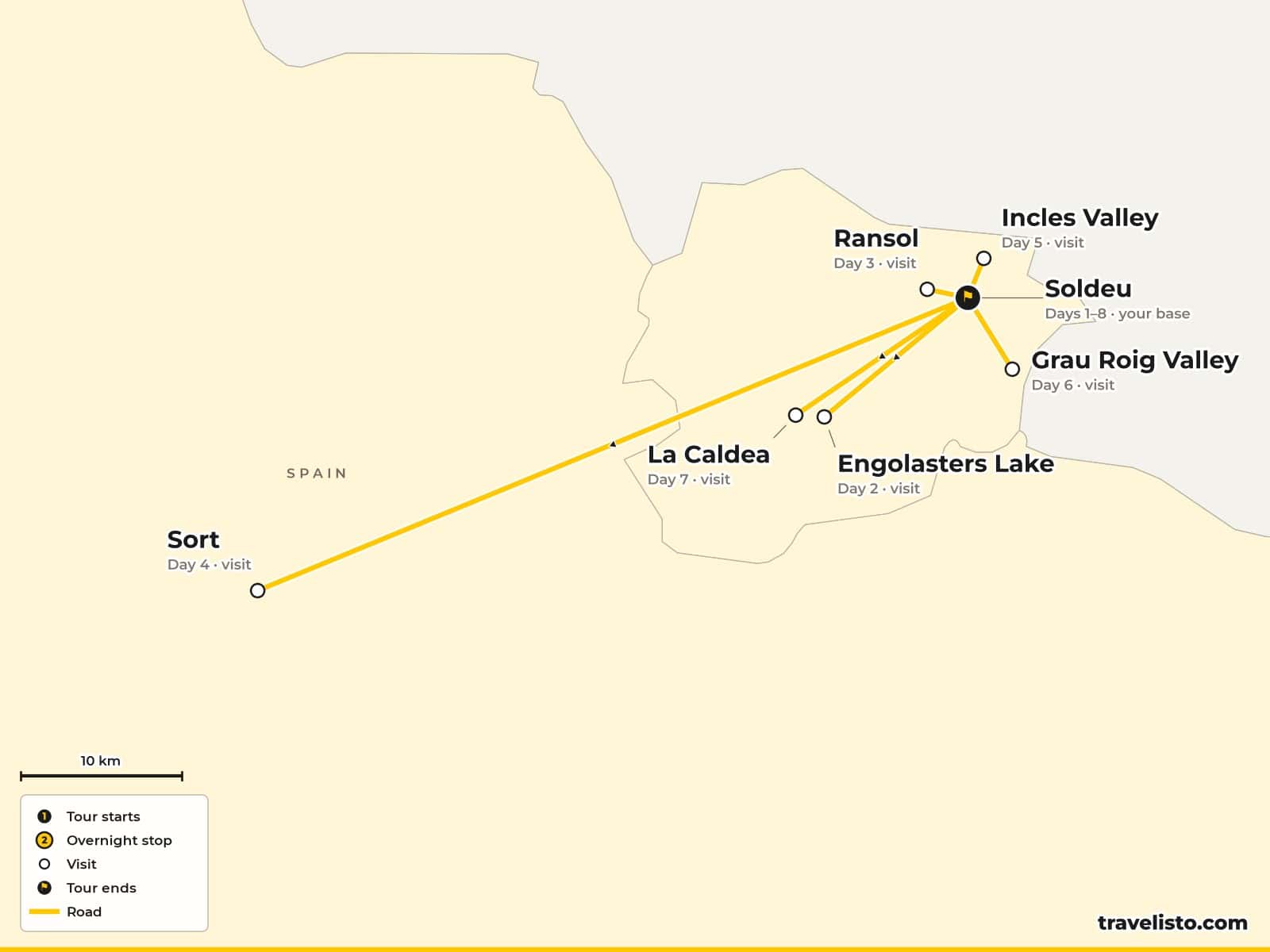 Map of the 8-day activity holiday based in Soldeu, with days in the Cortals and Incles valleys, Port d'Envalira and rafting near Sort
