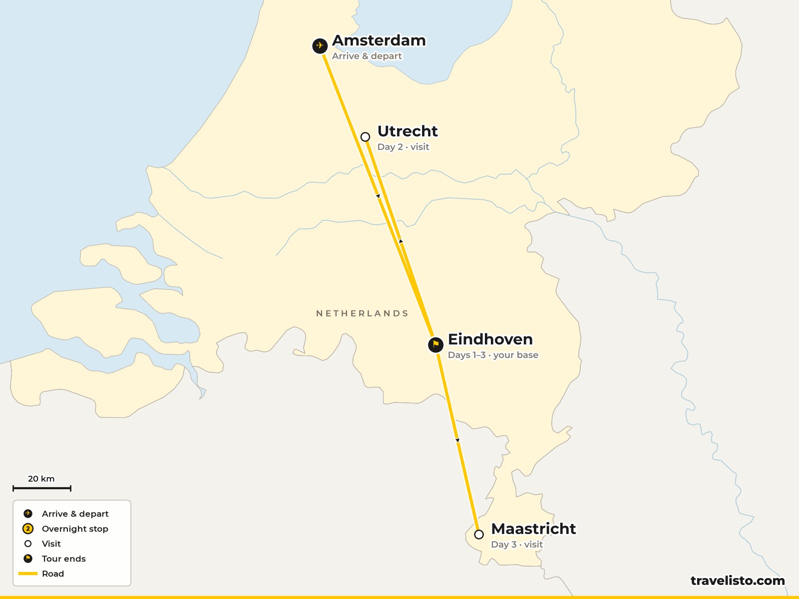 Map of the Netherlands showing Amsterdam, Utrecht, Eindhoven and Maastricht