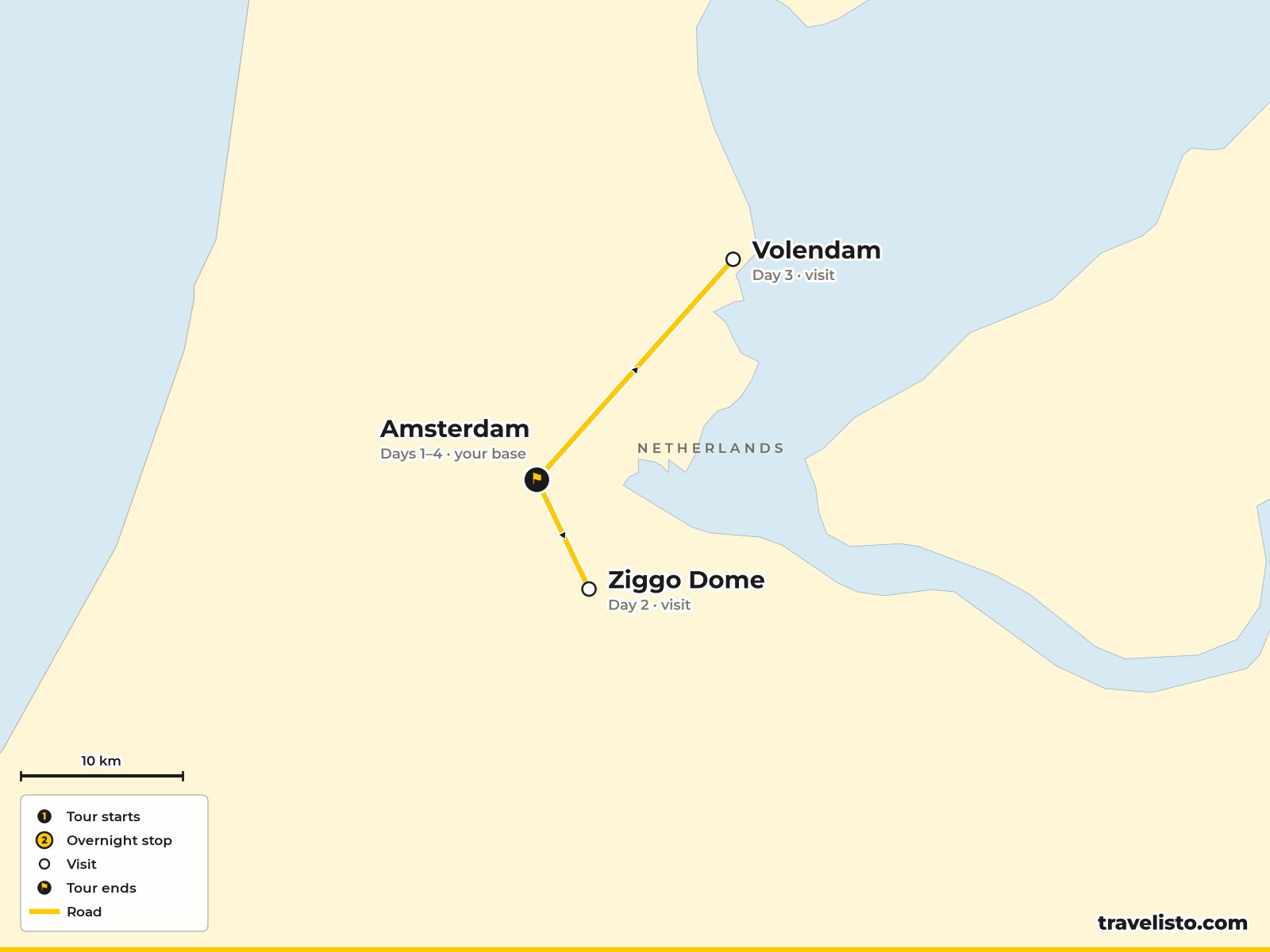 Map of the Amsterdam area showing the city centre, the Ziggo Dome and Volendam