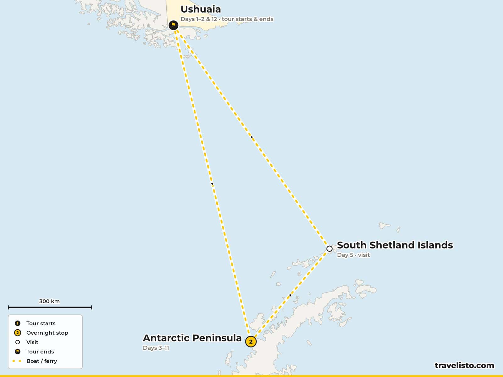 Map of the 12-day expedition cruise from Ushuaia across the Drake Passage to the South Shetland Islands and Antarctic Peninsula