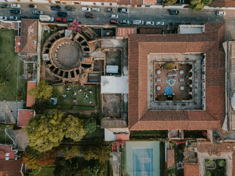 Colonial ruins and courtyards in Antigua from above