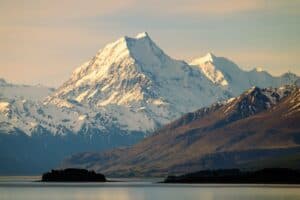 Aoraki/Mount Cook above Lake Pukaki at sunset