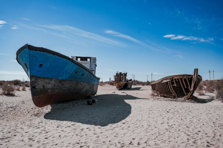 Abandoned ships on the dry bed of the Aral Sea