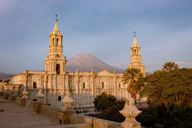 Arequipa Cathedral with El Misti volcano behind, Peru