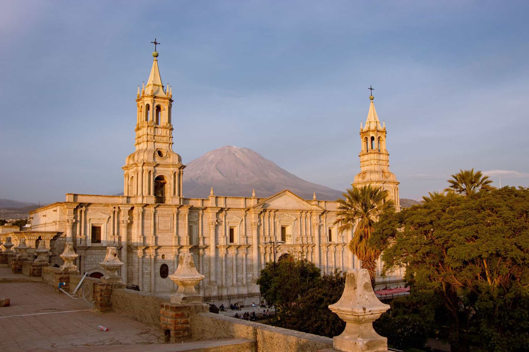 Arequipa Cathedral with El Misti volcano behind, Peru