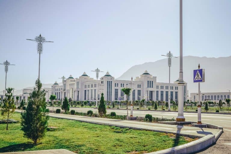 A white marble building in Ashgabat, Turkmenistan