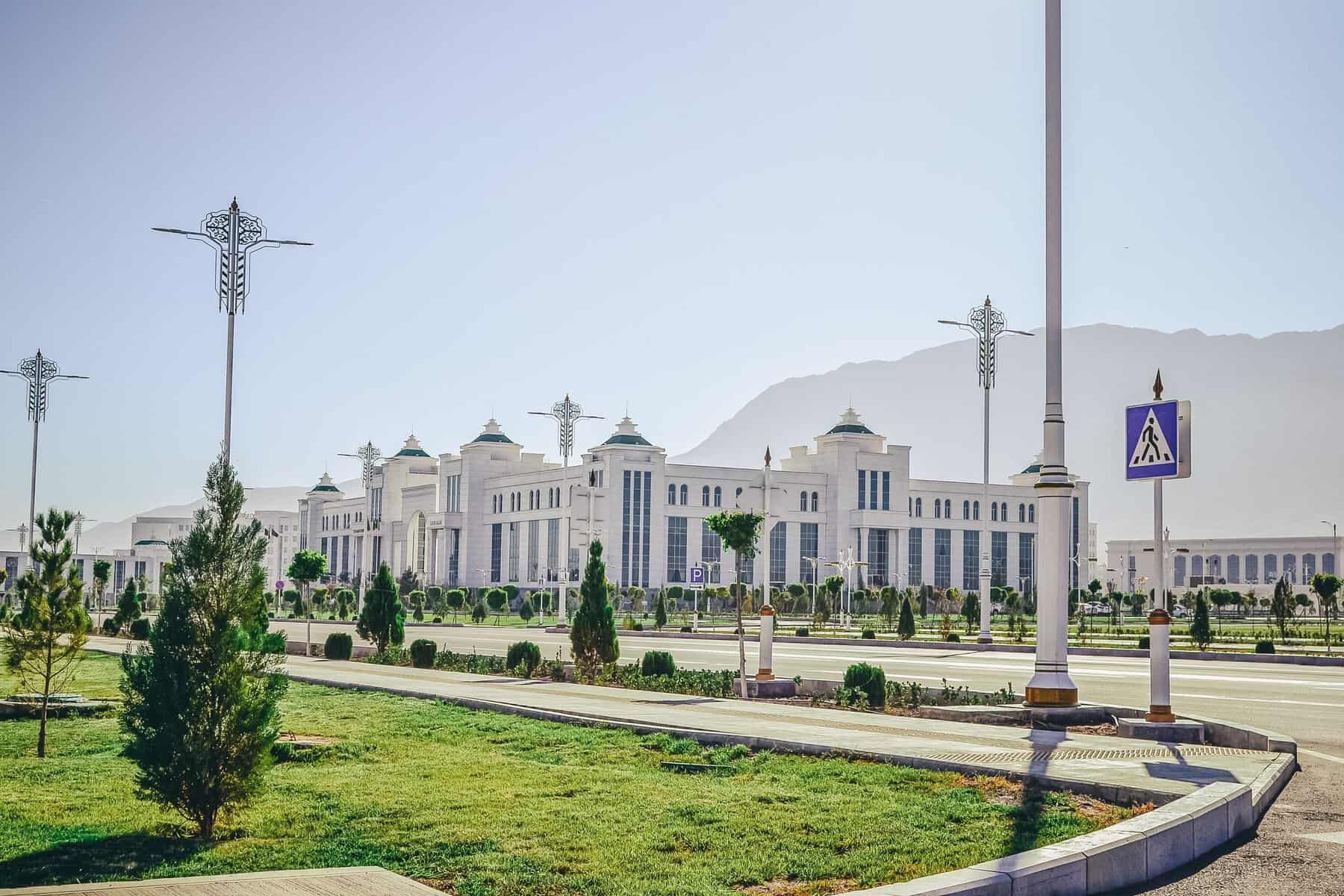 A white marble building in Ashgabat, Turkmenistan