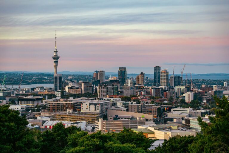 Auckland's skyline and the Sky Tower at dusk