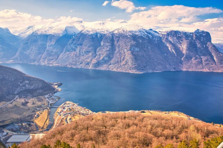 The Aurlandsfjord below snow-capped mountains