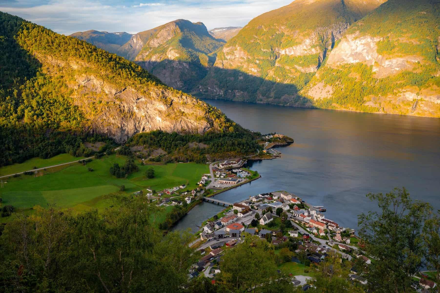 A village on the shore of the Aurlandsfjord, Norway