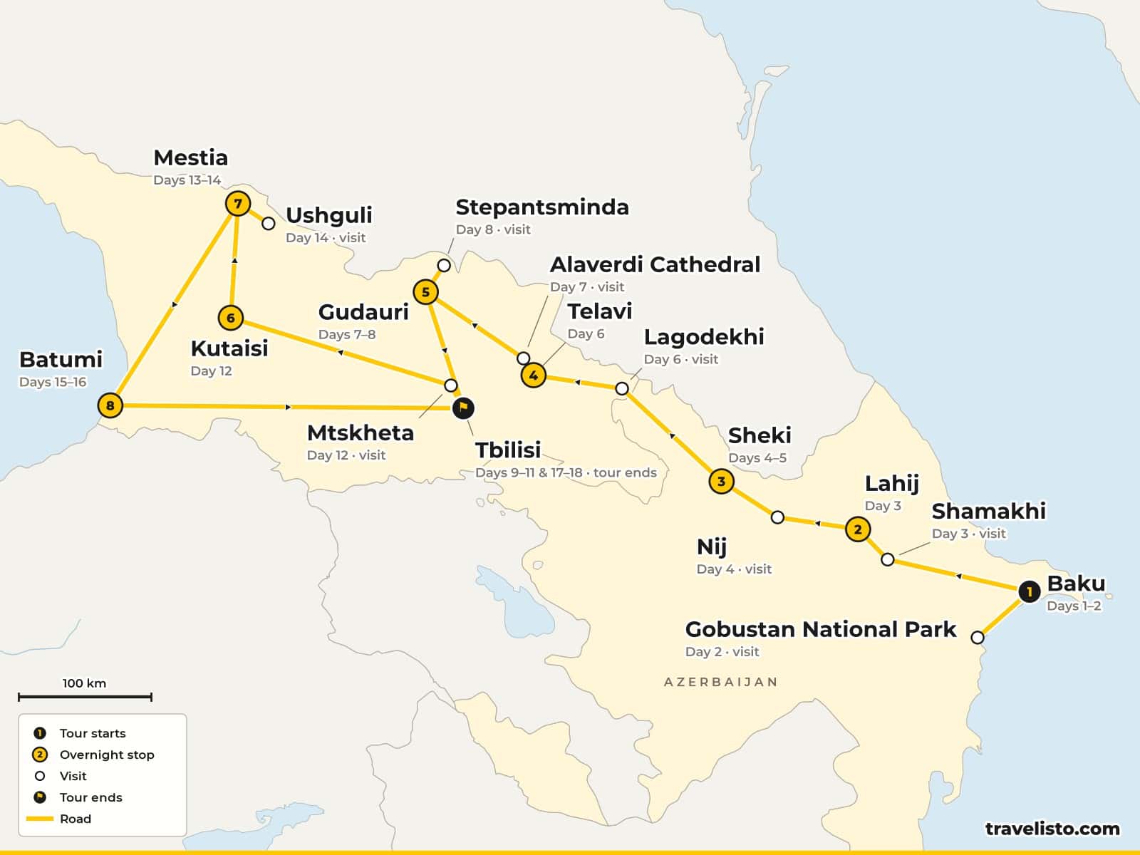 Map of the 18-day trip from Baku through Lahij and Sheki to Georgia's Kakheti, Kazbegi, Tbilisi, Kutaisi, Svaneti and Batumi, ending in Tbilisi