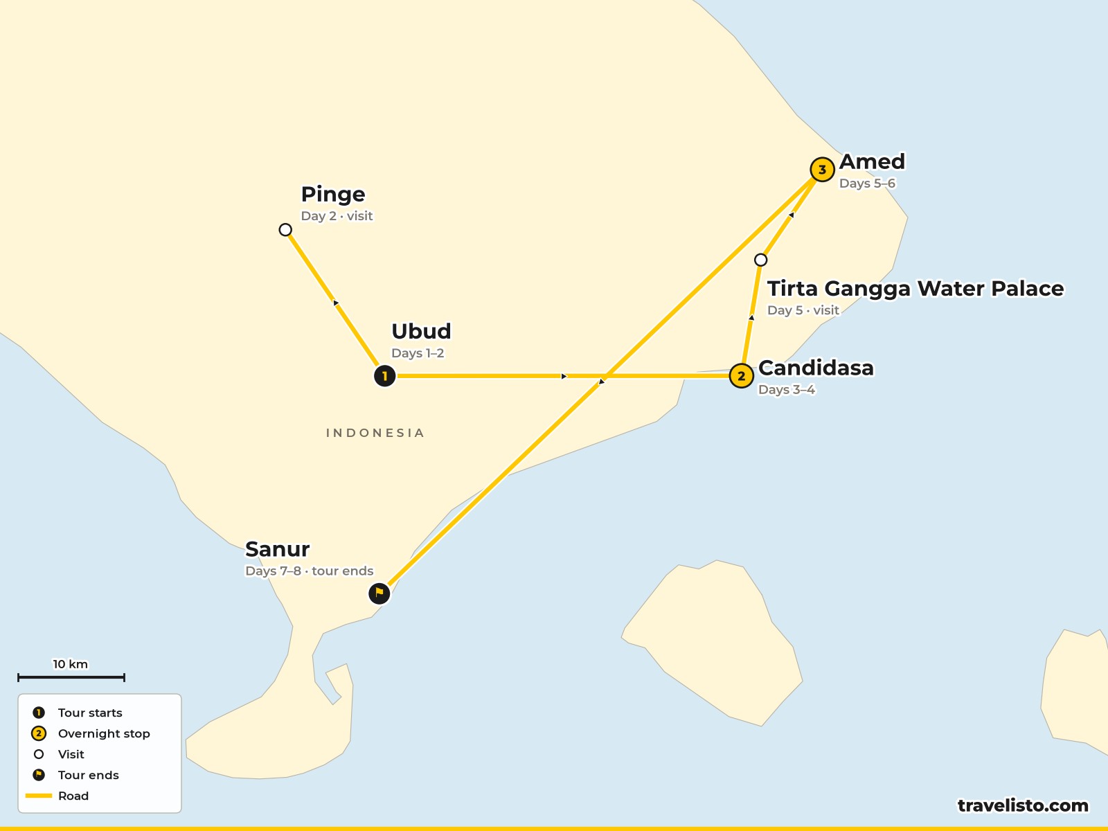 Map of the 8-day route from Ubud to Candidasa, Amed and Sanur