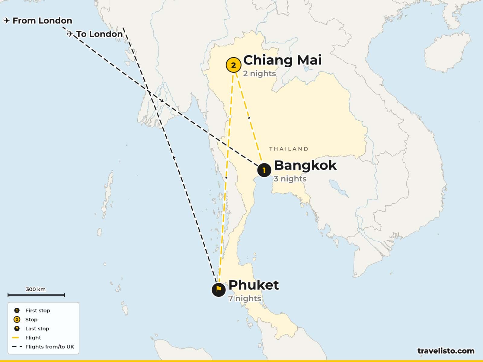 Route map: Bangkok, Chiang Mai & Phuket