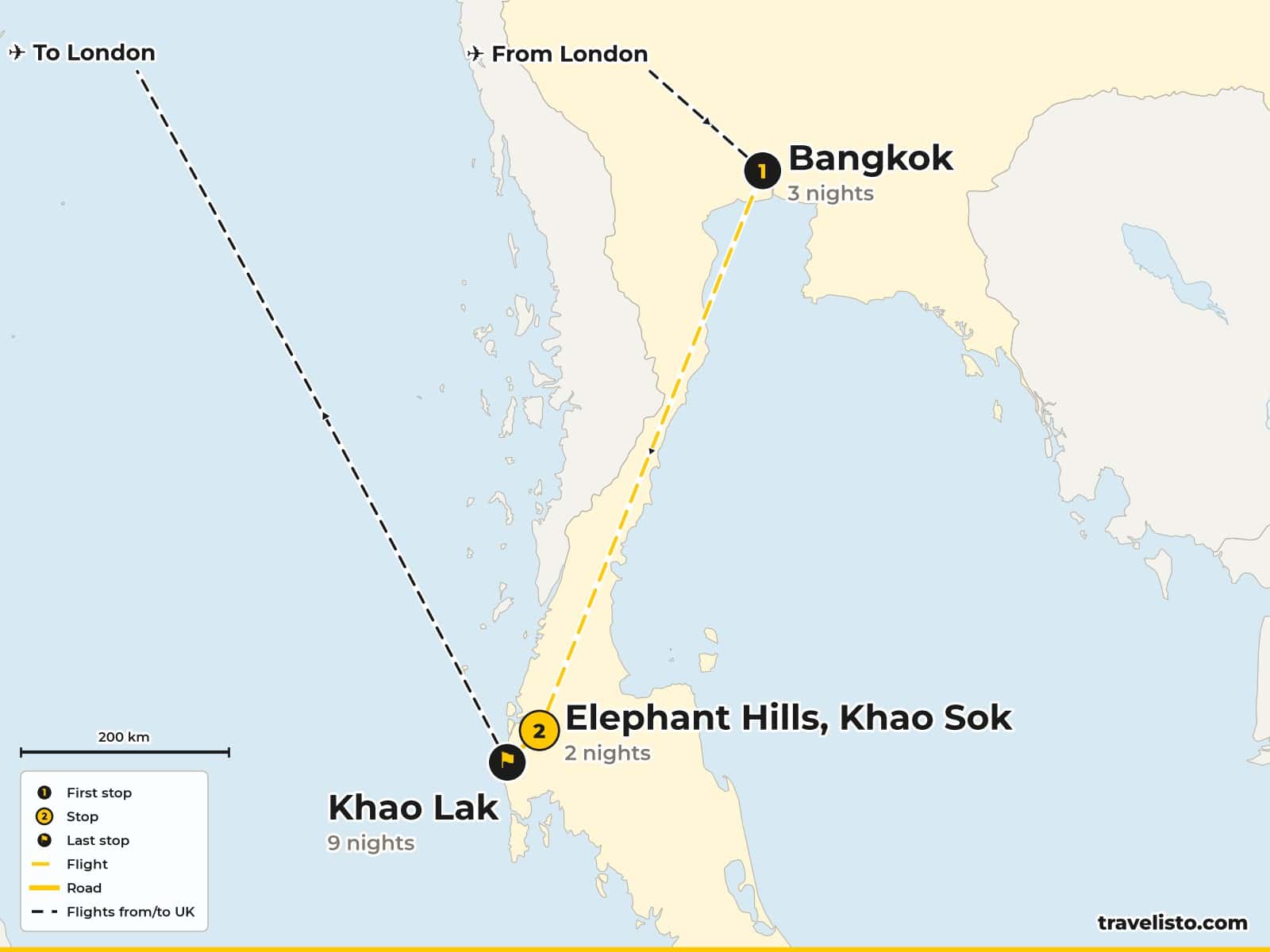 Route map: Bangkok, Elephant Hills & Khao Lak