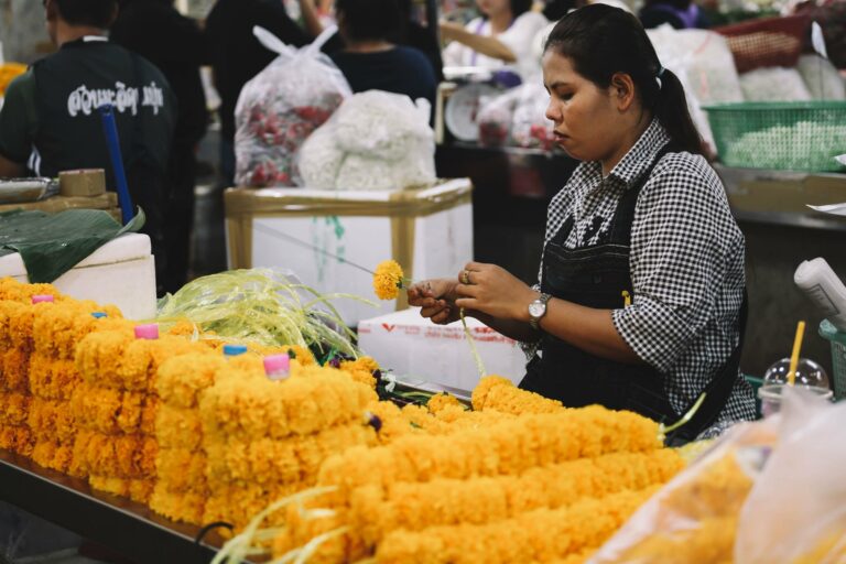 Marigold garlands at a Bangkok flower market