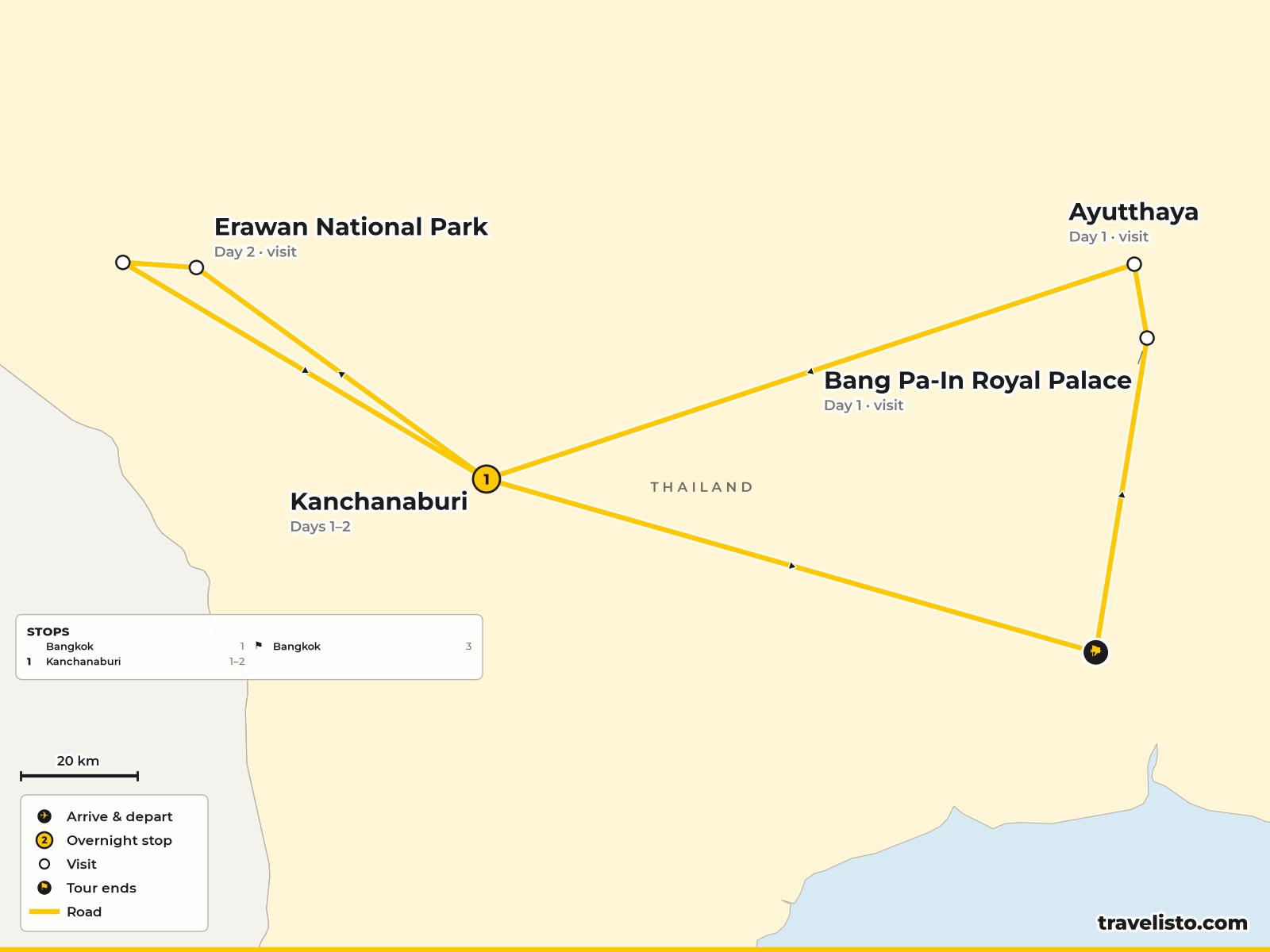 Map of the 3-day trip from Bangkok to Kanchanaburi and Erawan National Park