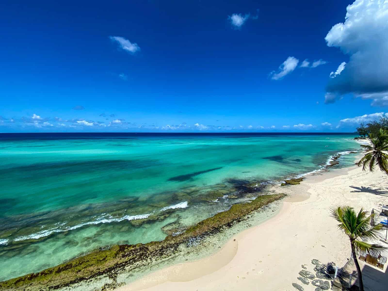 Aerial view of a tropical beach with turquoise water in Barbados