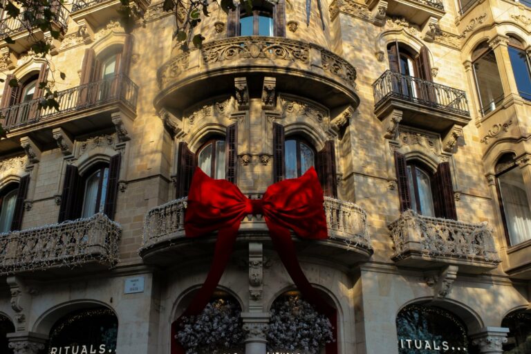 A Barcelona building decorated for Christmas