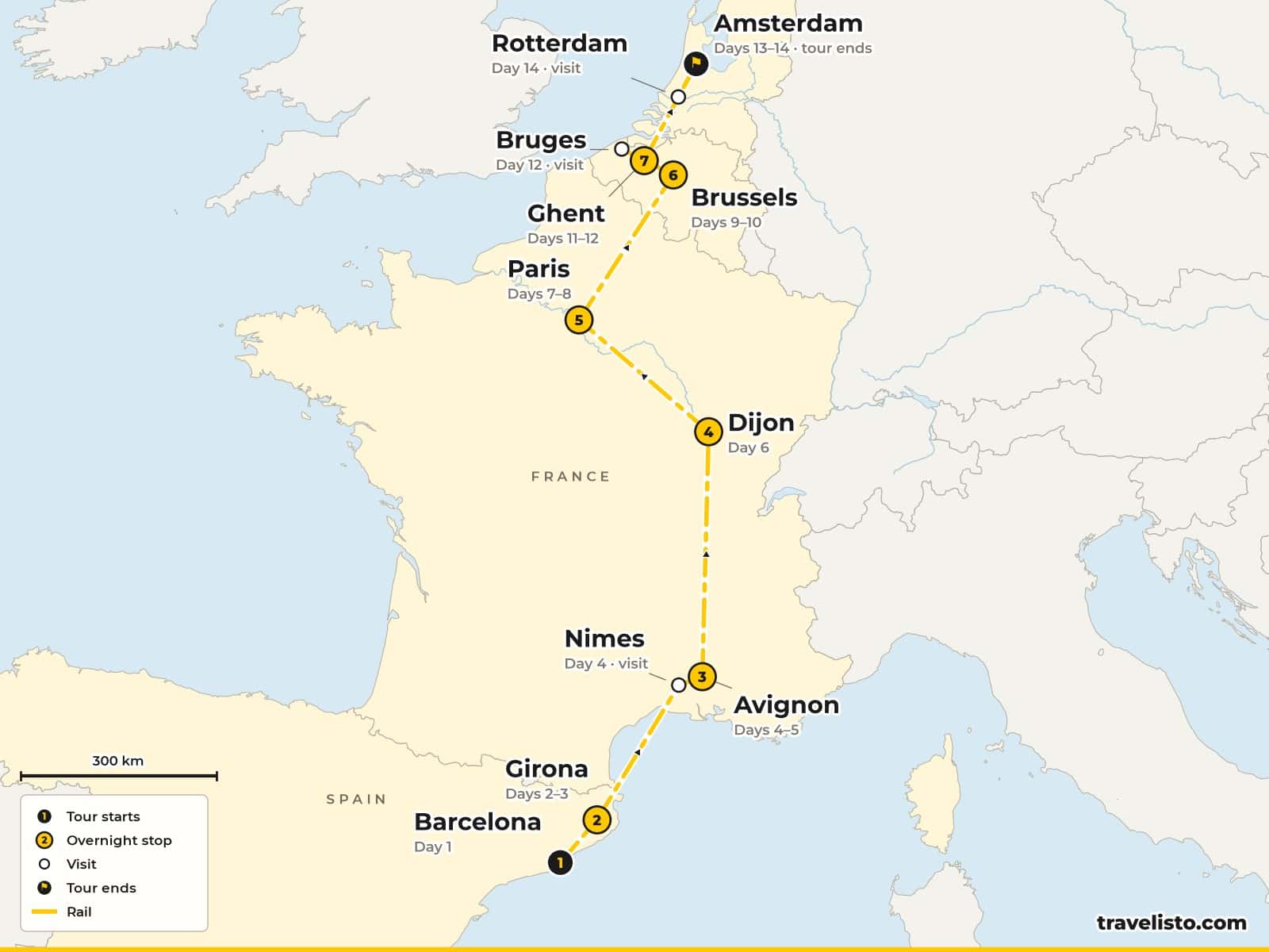 Route map of the 15-day rail trip from Barcelona to Amsterdam via Girona, Avignon, Dijon, Paris, Brussels and Ghent