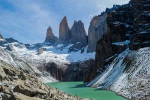 The granite towers of Paine above their glacial lagoon, Torres del Paine