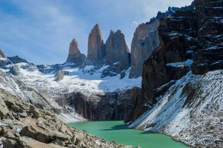The granite towers of Paine above their glacial lagoon, Torres del Paine