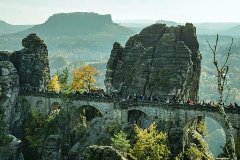 The Bastei Bridge among sandstone pinnacles in Saxon Switzerland