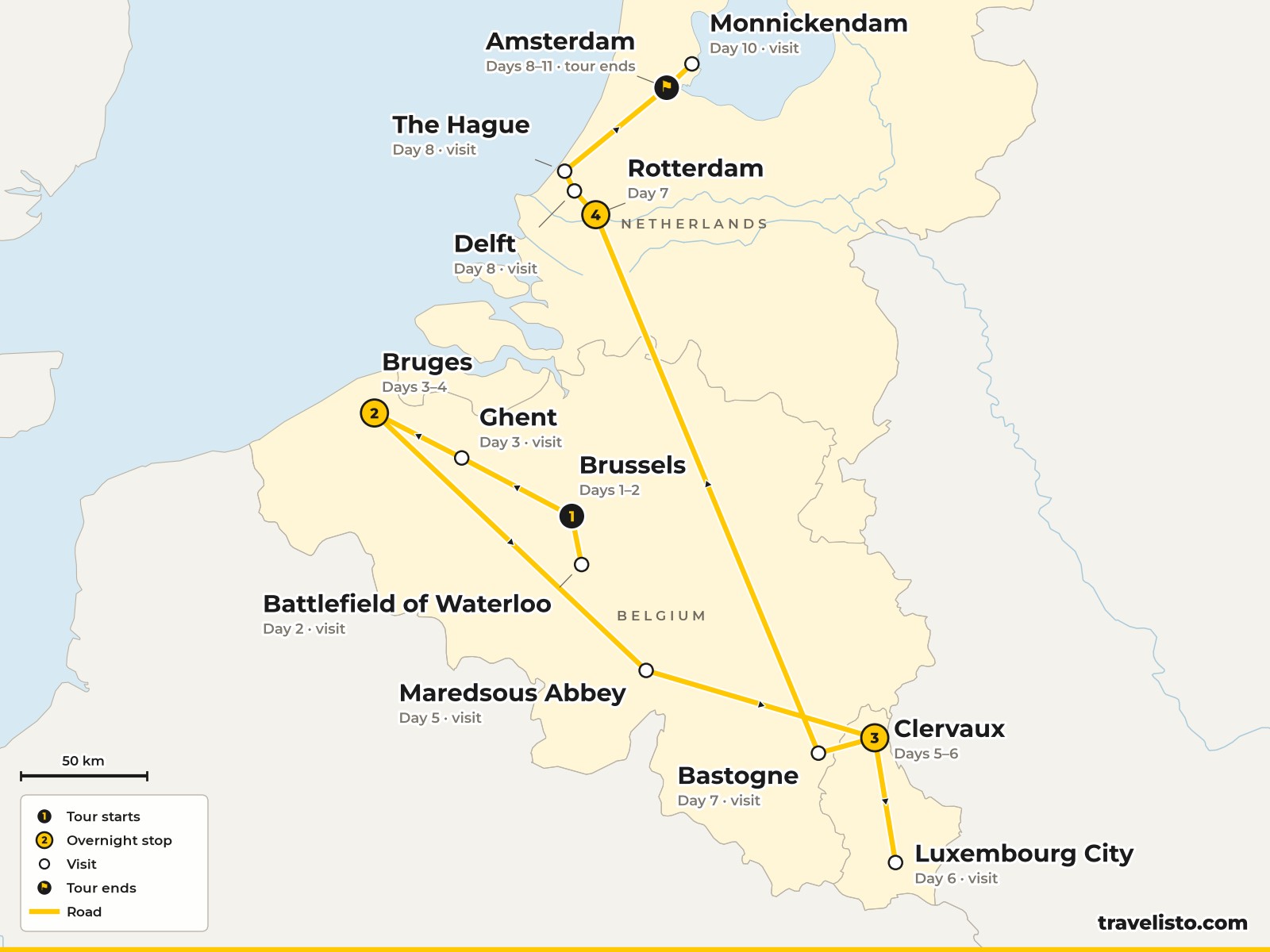 Map of the 11-day route from Brussels to Ghent, Bruges, Clervaux, Luxembourg City, Bastogne, Rotterdam, Delft, The Hague and Amsterdam