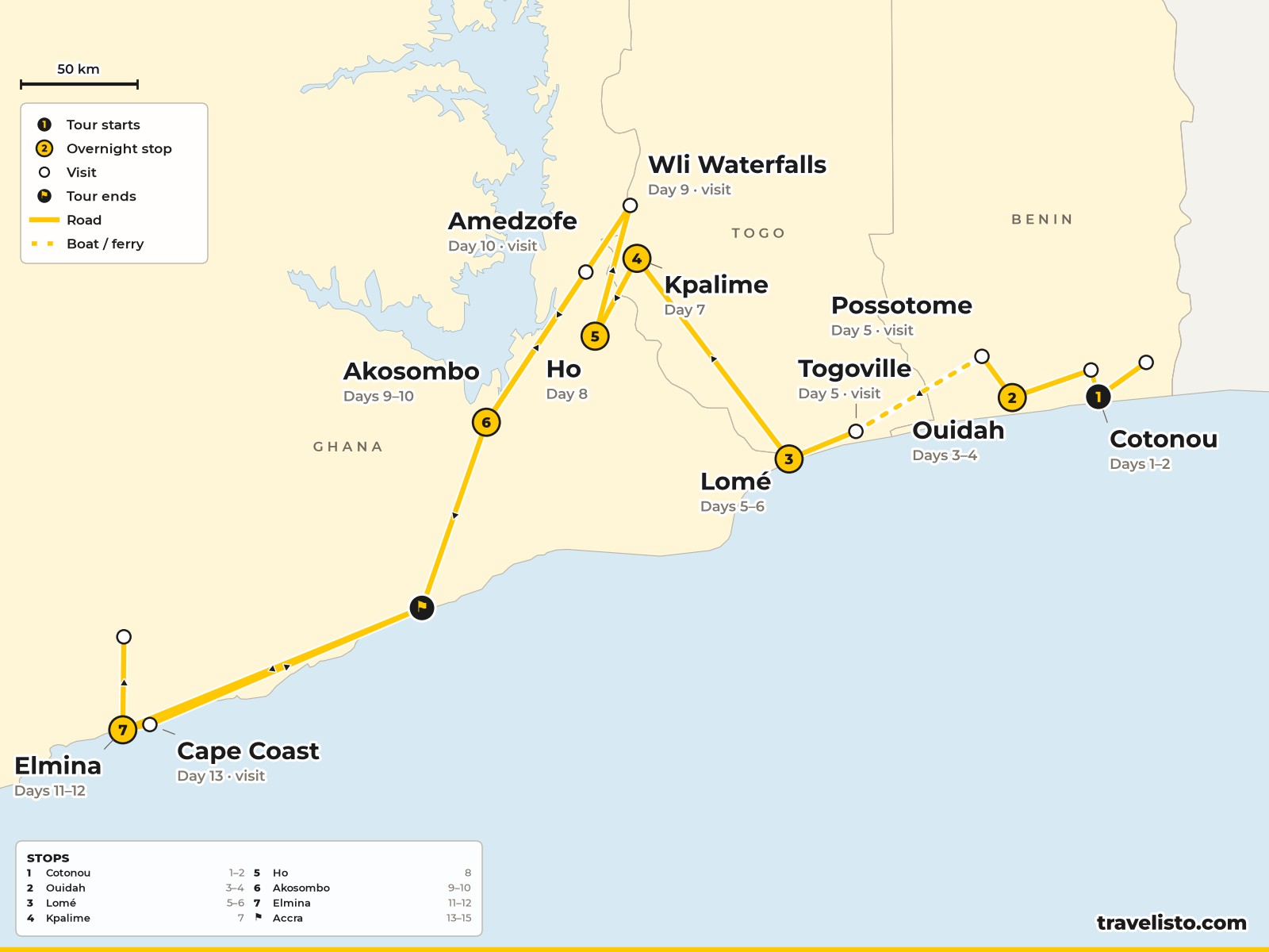Map of the 15-day route from Cotonou to Ouidah, Lomé, Kpalimé, the Volta region, Elmina and Accra