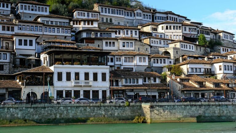 The white Ottoman houses of Berat above the river